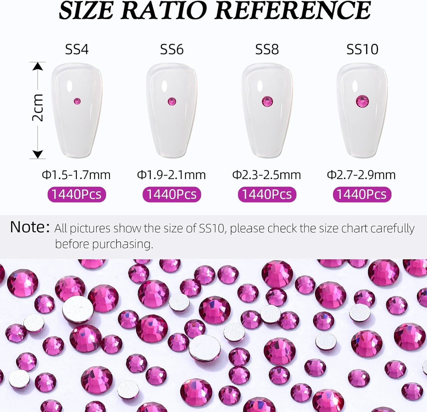 Fuchsia Flatback Rhinestones, Glass Rhinestones for Nail Art and Craft, Glue Fix, Loose Crystal Gemstones(Fuchsia, SS6, 1440pcs, 1.9-2.0mm)