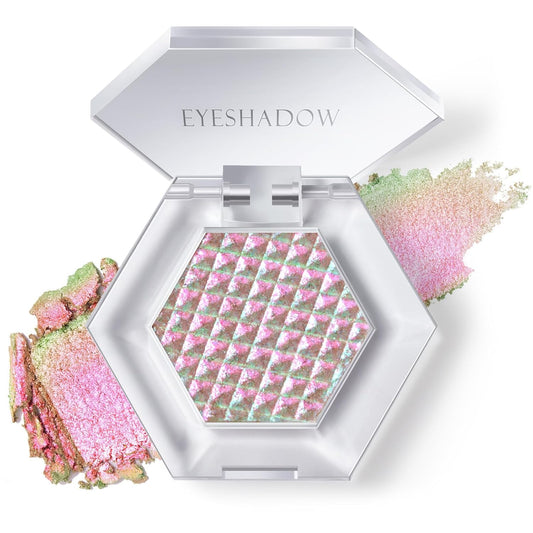 Chameleon Mermaid Pink Glitter Eyeshadow, Cream to Powder Shimmer Multichrome Single Eyeshadow, Sparkling Holographic Color Shifting Eye Brightener Highlighter Makeup Palette 02