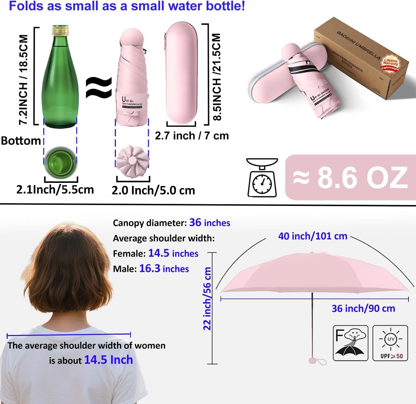 BAODINI Travel Mini Umbrella for Purse With Case Small Compact UV Sun Protection Sun Lightweight Tiny Pocket Manual Open Close Umbrella for Women Kids and Men