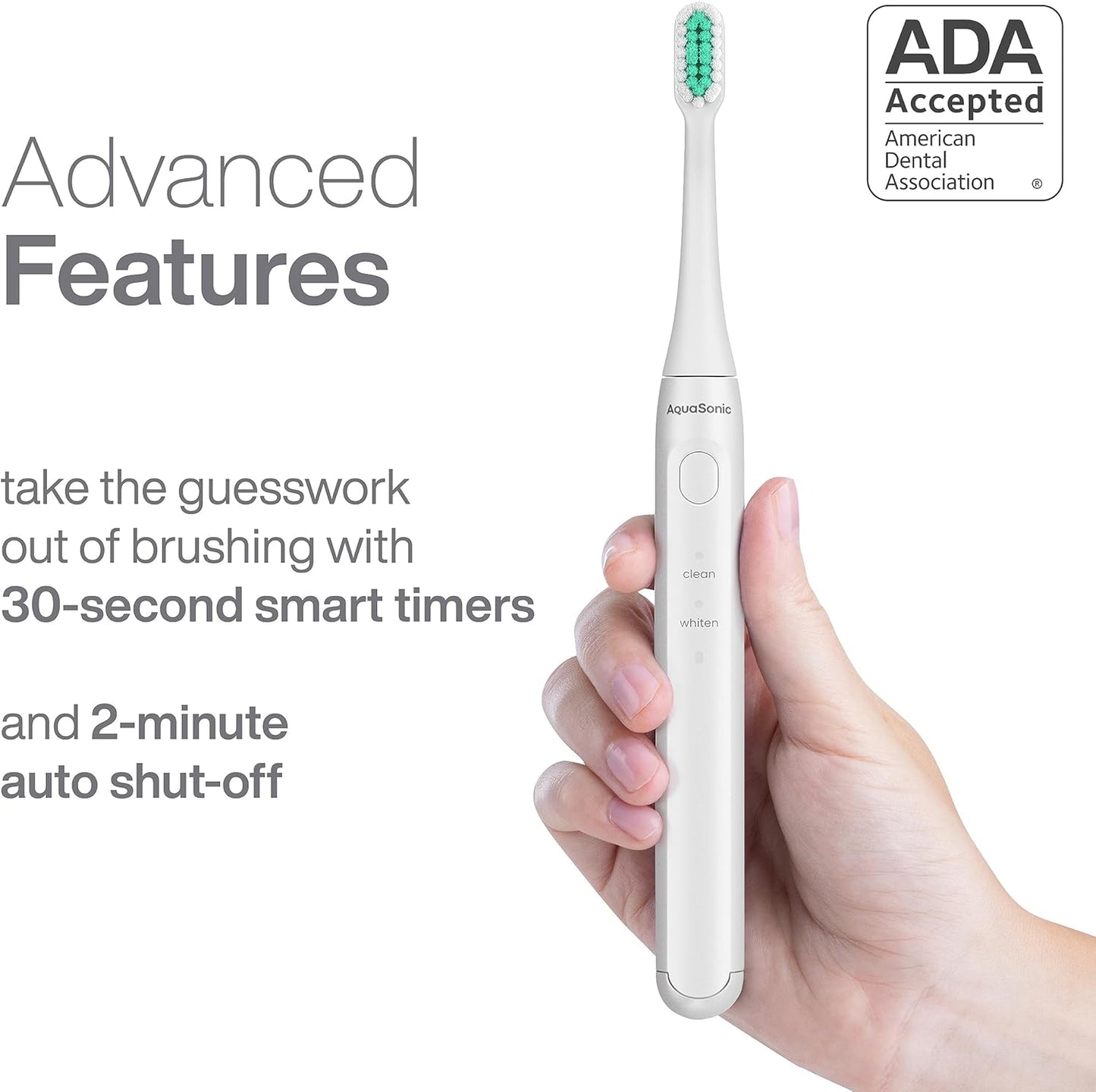 Aquasonic Icon ADA-Accepted Rechargeable Toothbrush | Magnetic Holder & Slim Travel Case | 2 Brushing Modes & Smart Timers | Gentle Micro-Vibrations (Pearl)