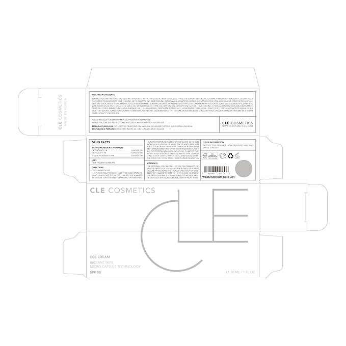 CLE Cosmetics CCC Cream (Warm Medium Deep 401 / SPF 50) - Color Correcting With Lightweight, Hydrating, Light to Medium Coverage Foundation - BB & CC Hybrid - 1 fl oz