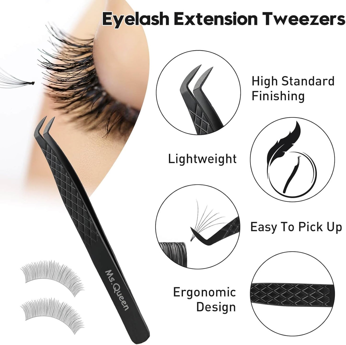 Ms.Queen Tweezers for Eyelash Extensions, Professional Microfiber Tip Boot Tweezers for Mega Volume Lash Extensions,Black