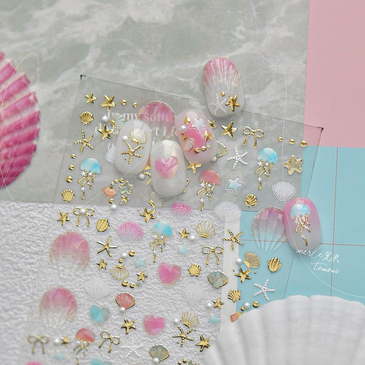 1 Sheets Summer Nail Stickers for Nails Art 5D Embossed Self-Adhesive Shell Starfish Nail Art Stickers Decals Gold Ocean Star Jellyfish Design Beach Nail Supplies for Women Acrylic Manicure Salon