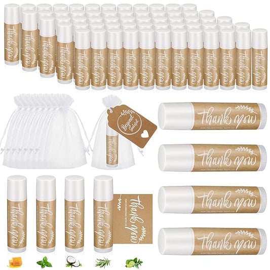 100 Set Thank You Lip Balm Bulk Small Natural Moisturizing Mini Lip Balm with Organza Bag and Card for Baby Wedding Bridal Shower Thank You Favors Bridesmaid Gifts Women Guests