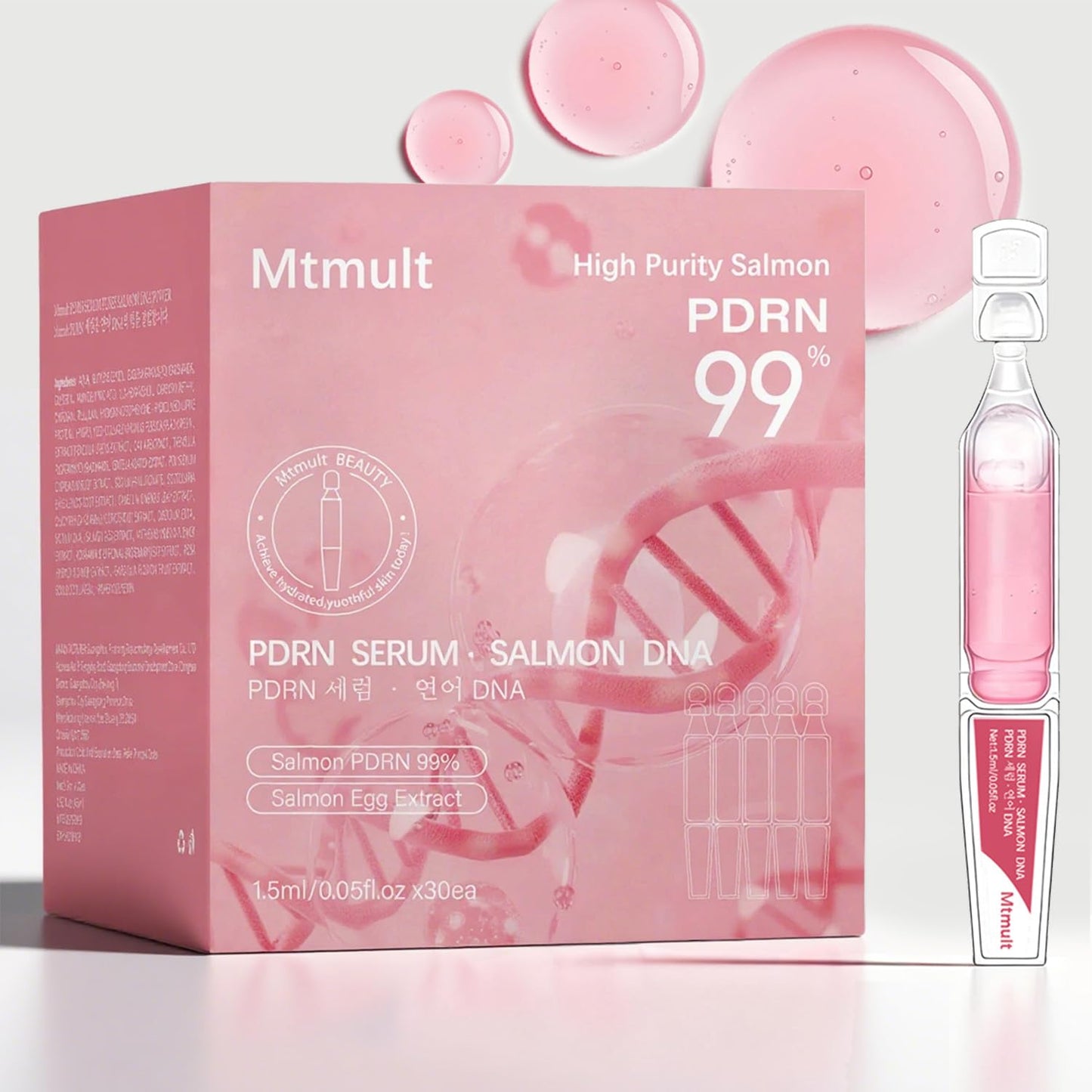 Mtmult PDRN Serum, Salmon DNA Serum - Korean Skin Care Anti-Aging Ampoule with 99% Salmon DNA PDRN, Collagen & Hyaluronic Acid, 0.05 fl.oz x 30e, Firming & Moisturizing - Fuses Salmon DNA Power