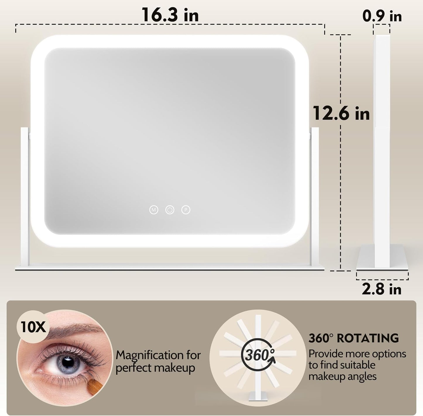 Lighted Makeup Mirror, 17"x13" Vanity Mirror with Lights and 10X Magnification, 3 Color Lighting Modes, Smart Touch Control, 360° Rotation for Bedroom or Tabletop (White)