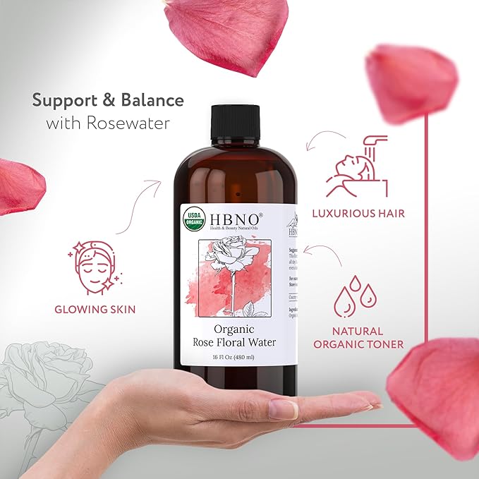 HBNO California Bottled Organic Rose Water for Face Huge 16 fl oz (480ml) Value Size - USDA Certified for Face - Pure Rose Water for Hair - Rosewater for Skincare, Haircare