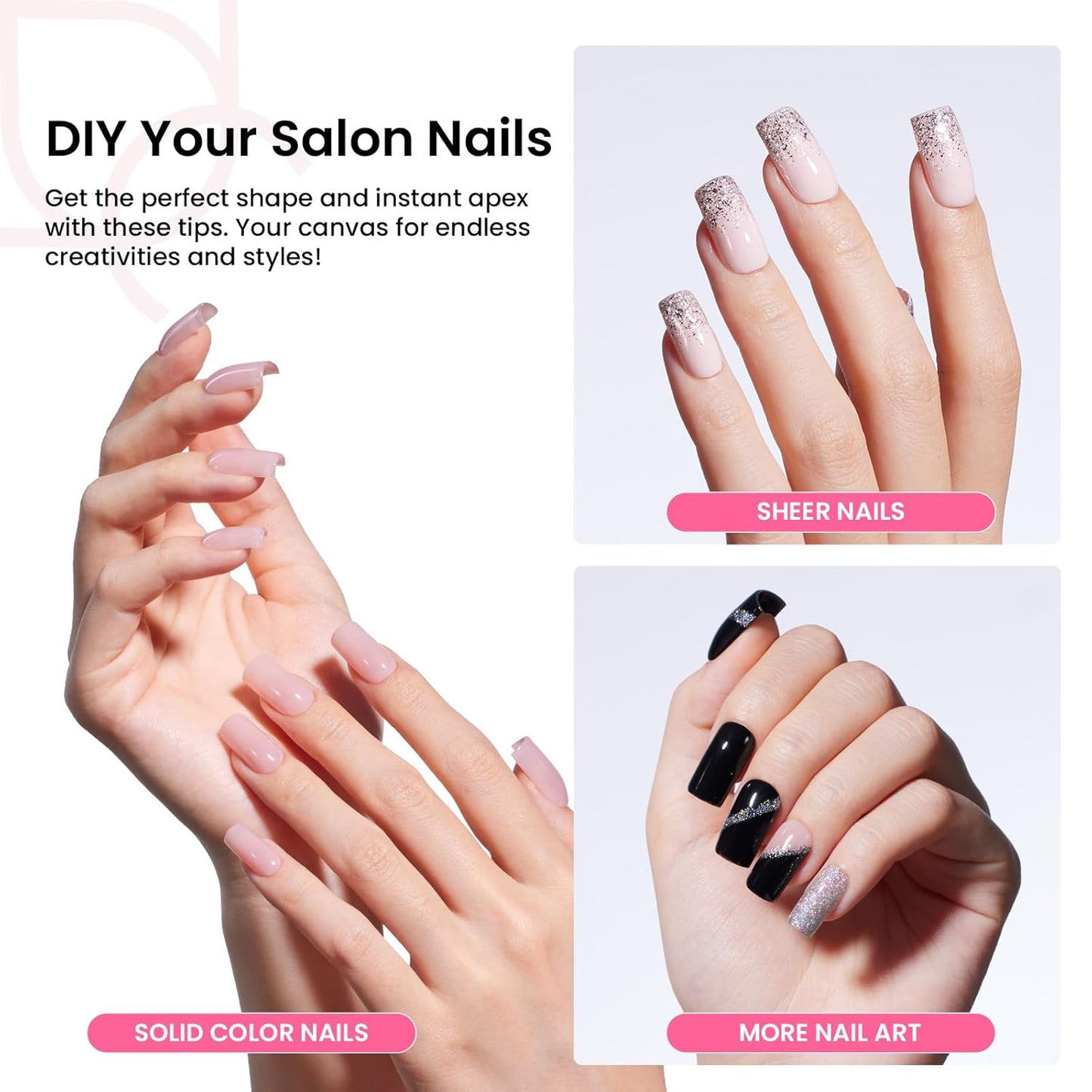 Beetles Tipex Instant Apex Nail Tips Kit Short Square , 224 Pcs Pre-Building Pre-Etched False Nail Tips with Tipex Nail Glue, Mini Nail Lamp-Thick Acrylic Nail Tips Set