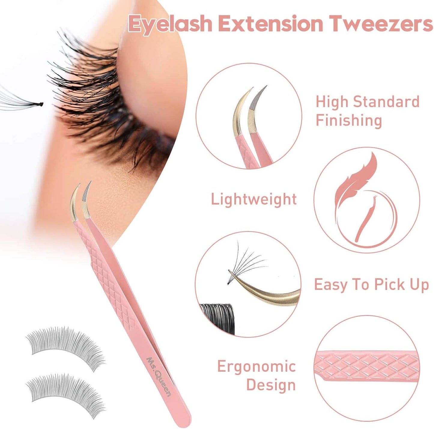 Ms.Queen Eyelash Extension Tweezers, Fiber Tip Grip Curved Lash Tweezers for Volume lashes Extensions