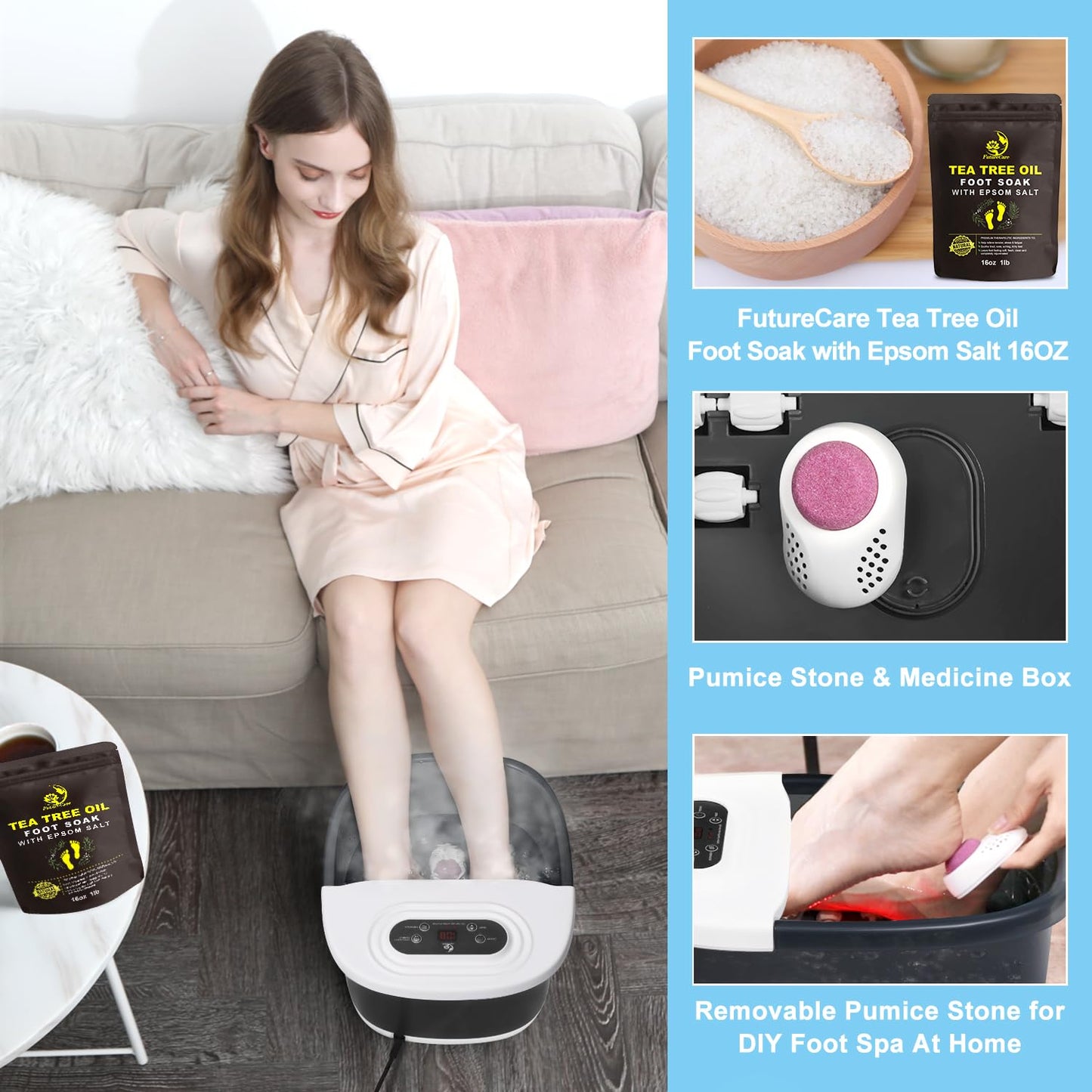 Foot Spa Bath Massager with Heat Bubbles and Vibration Massage and Jets, 16 OZ Calming Lavender Foot Soak Epsom Salt, MoodRelish Foot Soaker with Red Light, 22 Massage Rollers, Adjustable Temp -Grey