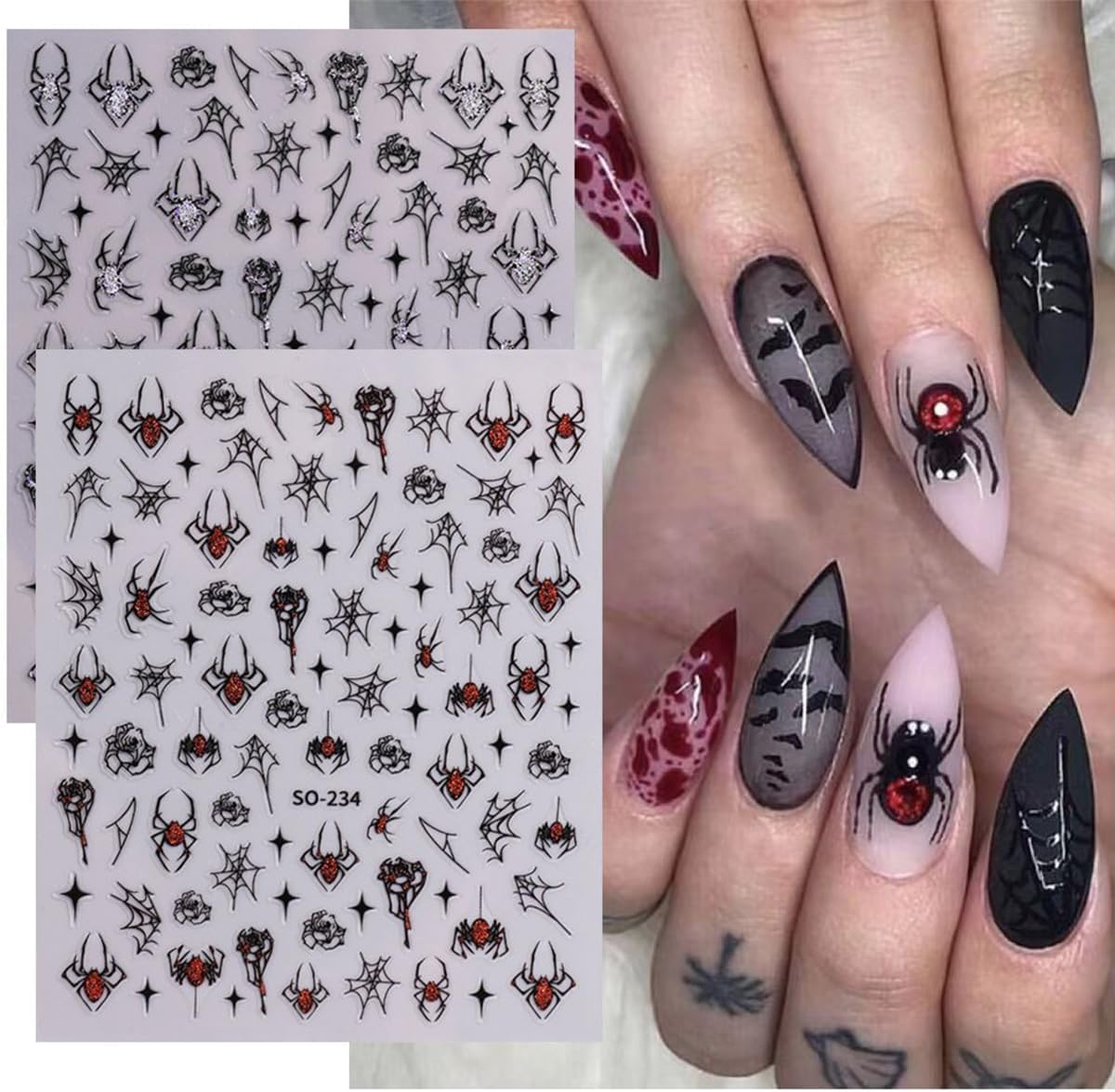 Glitter Halloween Nail Stickers for Nail Art Decoration 8Pcs Funny Spider Web Nail Art Stickers with Rhinestones Nail Design Supplies Gold Silver Blood Rose Star Spider Nail Decals for Halloween Nails