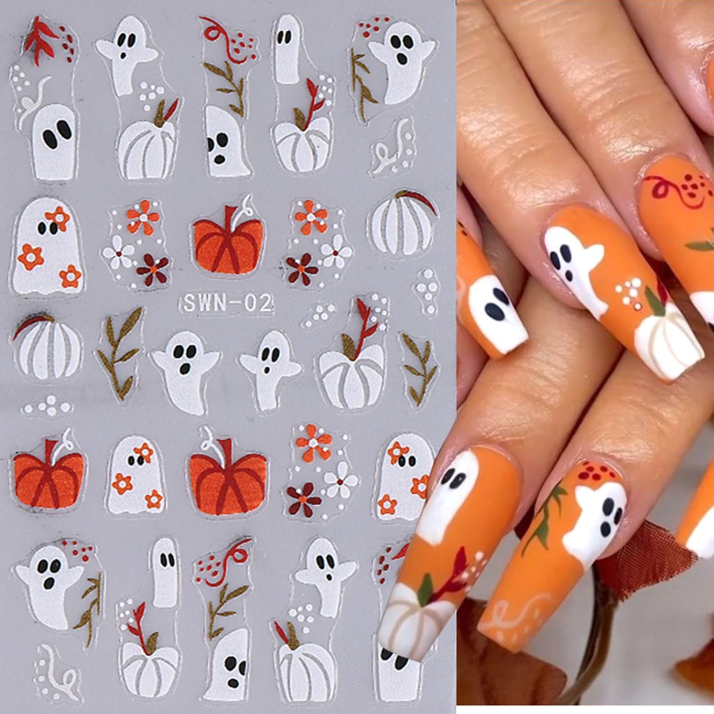 Halloween Nail Art Stickers Decals Ghost Pumpkin Spider Nails Sticker 5D Embossed Skull Hand Nails Decals Self-Adhesive Spider Web Eye Nail Art Decal for Women Halloween Decor