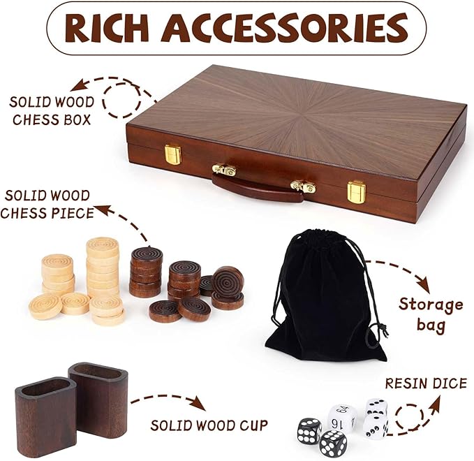 Wooden Backgammon Board Game Set (15 Inches) for Adults and Kids - Classic Board Strategy Game - Portable and Travel Set Family Game Night Vintage Backgammon Strategy Game