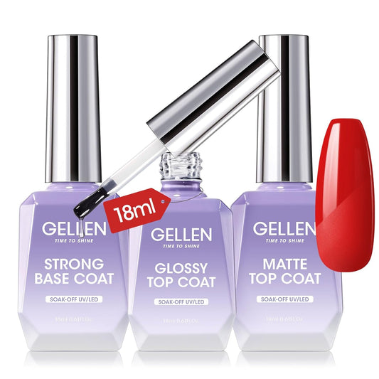 Gellen Gel Top Coat, 18ml 3pc Gel Base and Top Coat Matte and Glossy Top Coat for Gel Nail Polish,No Wipe Clear Gel Top Coat Gel Base Coat Nail Polish Soak Off UV Lamp Gel Polish Set for Starter