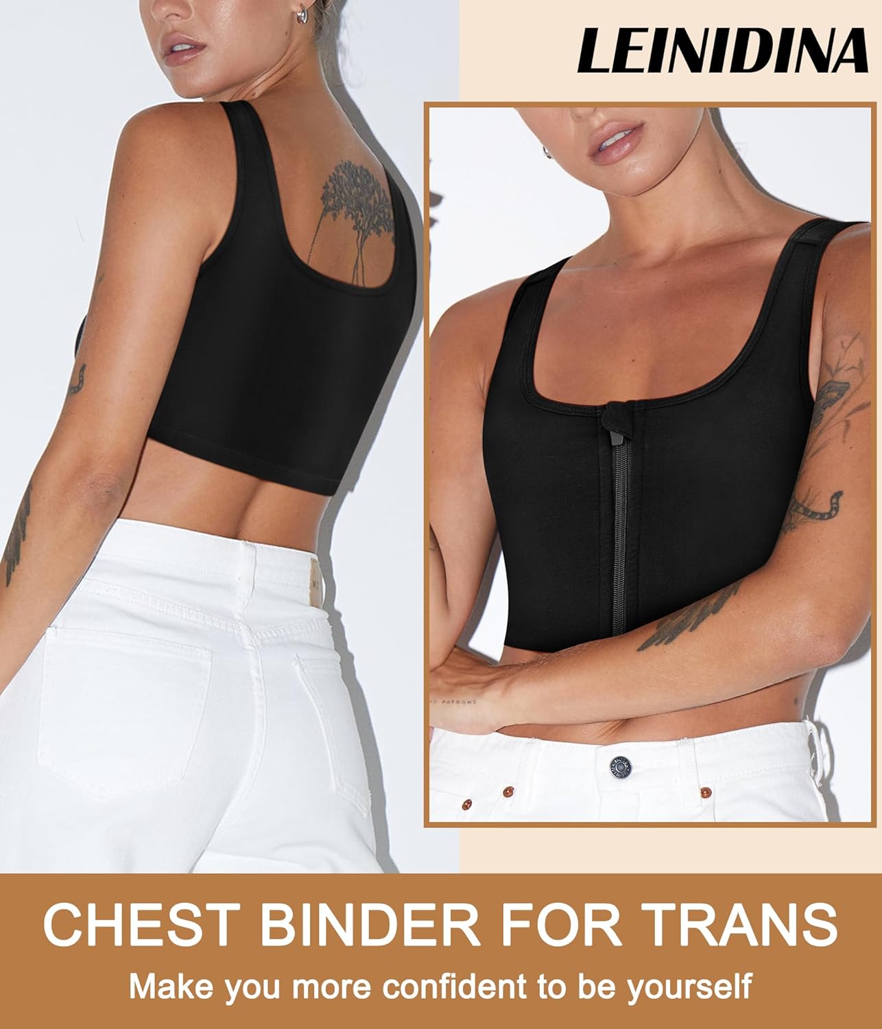 LEINIDINA Chest Binder Tomboy Transgender FTM Square Collar with Front Zipper Binder Bra Tank Top