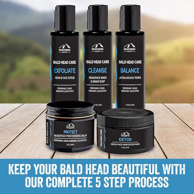Mountaineer Brand Ultimate Bald Head Care Gifts Bundle For Men | All Natural 5 Step Skin Care for Healthy Scalp & Face | Exfoliate Scrub | Cleanse Wash | Shine Away | Moisturizing Balm | Detox