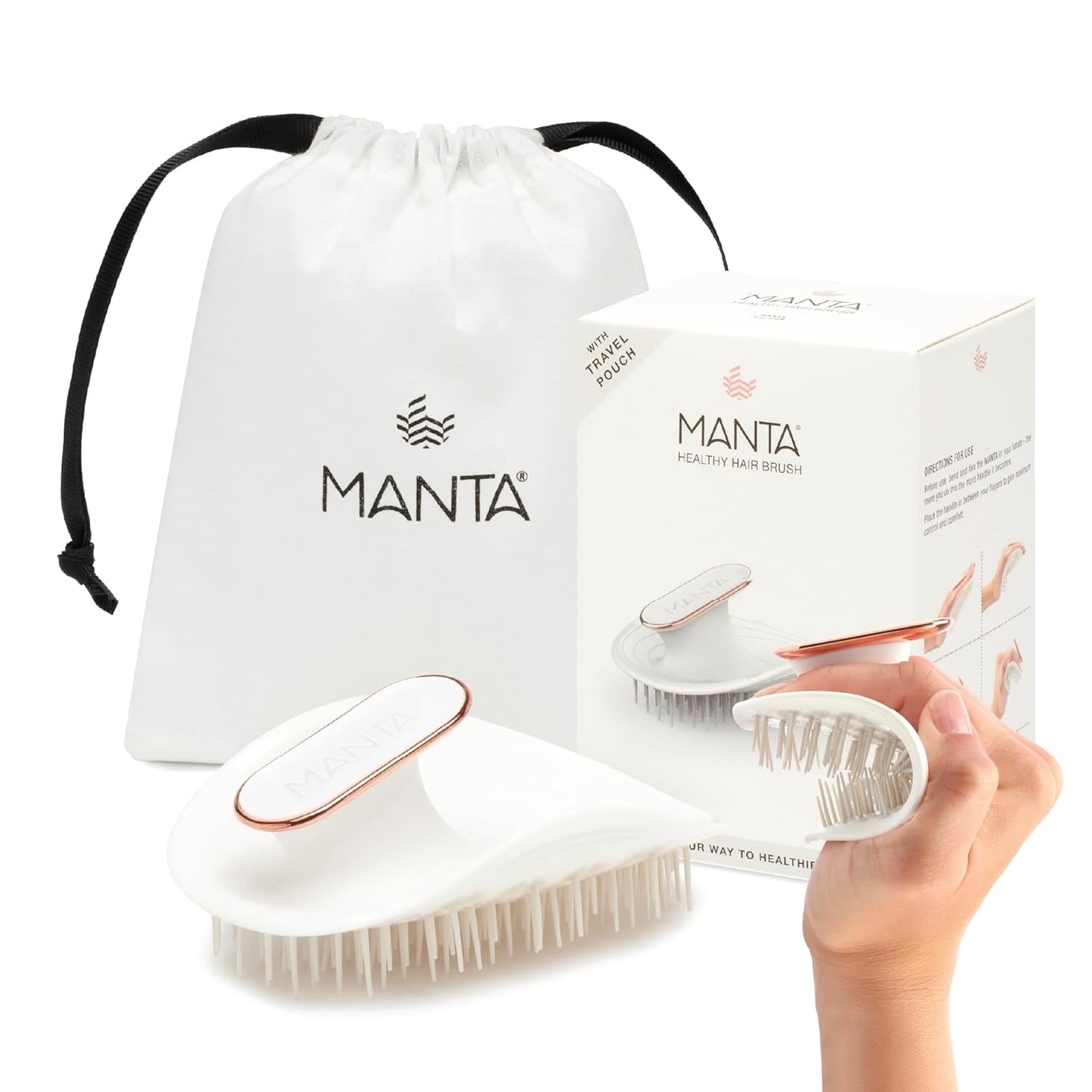 Manta Original Anti-Breakage Hairbrush – Gentle Detangling Brush for Wet & Dry Hair, Flexible Hairbrush for All Types, Healthy Hair Care for Women & Men, White