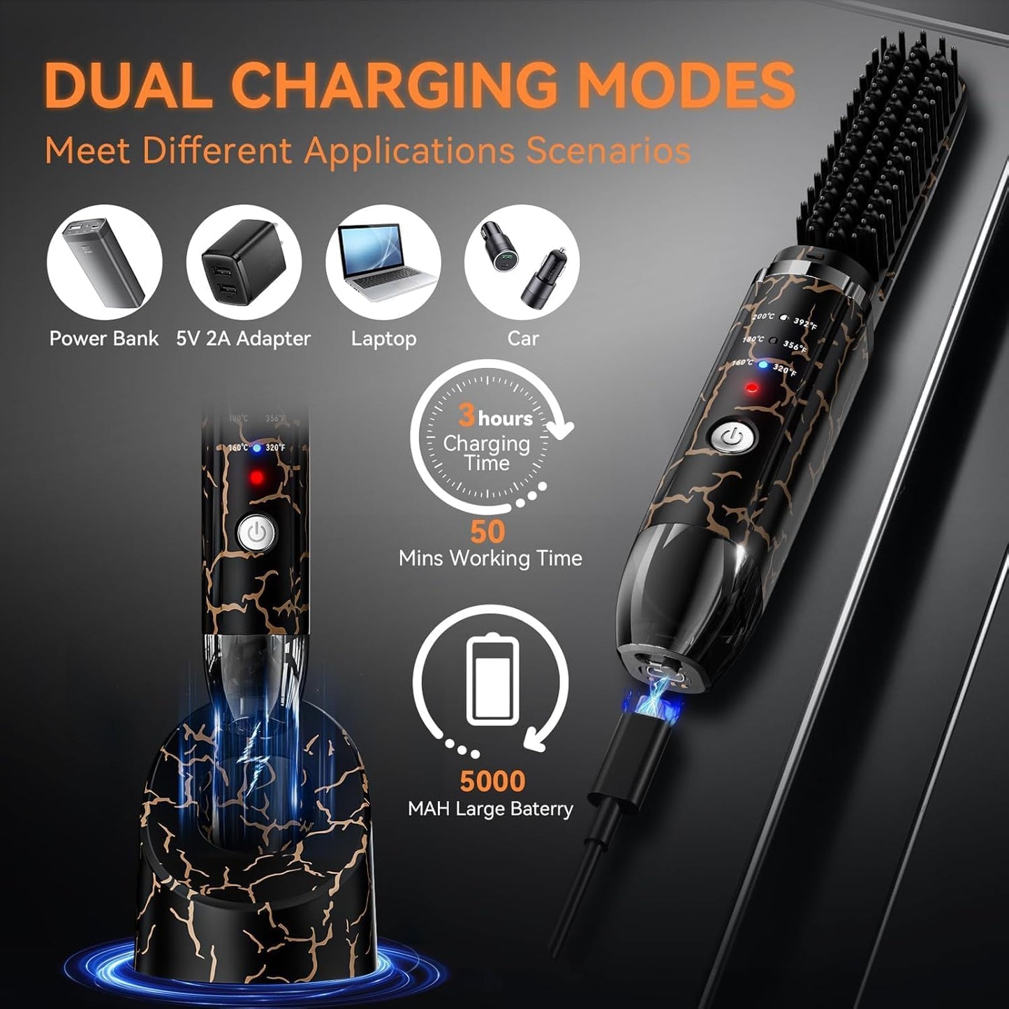 Beard Straightener for Men, Cordless Beard Heated Brush and Hair Straightener Hot Comb with 3 Temp Settings, Anti-Scald, Ionic Technology for Home Travel