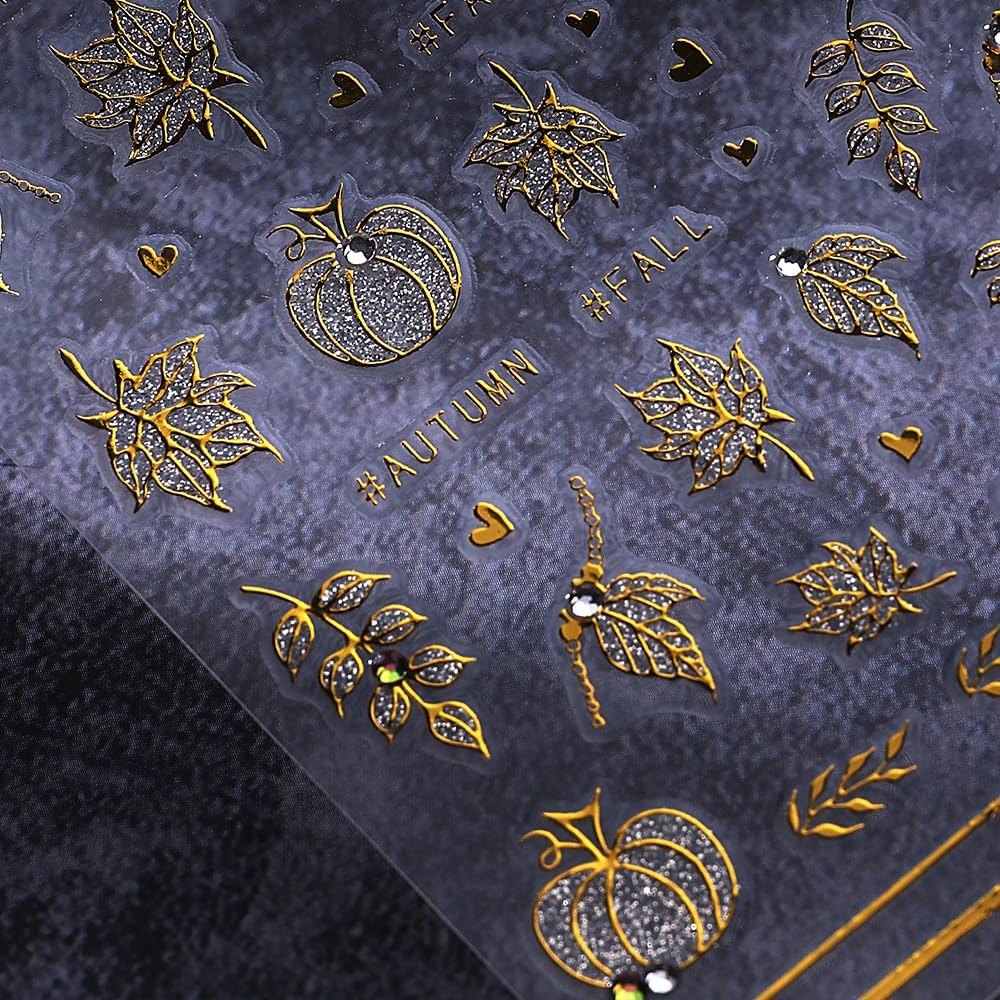 3 Sheets Fall Gold Nail Stickers for Nail Art Cute Gold Pumpkin Nail Decals Autumn Maple Leaf Nail Art Stickers 5D Self-Adhesive Glitter Thanksgiving Day Nail Decoration for Women Nails Design