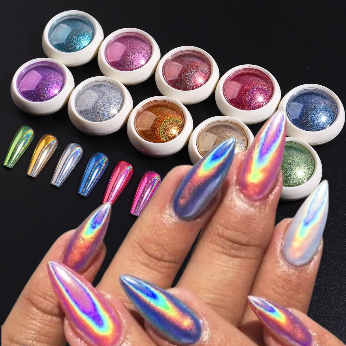 10 Colors Holographic Laser Nail Powder, Holo Aurora Iridescent Metallic Mirror Laser Effect Chrome Pigment Glitter Dust for Nail Art DIY Decorations, Sponge Tool/10PCS, Nail Swatch Sticks/24PCS