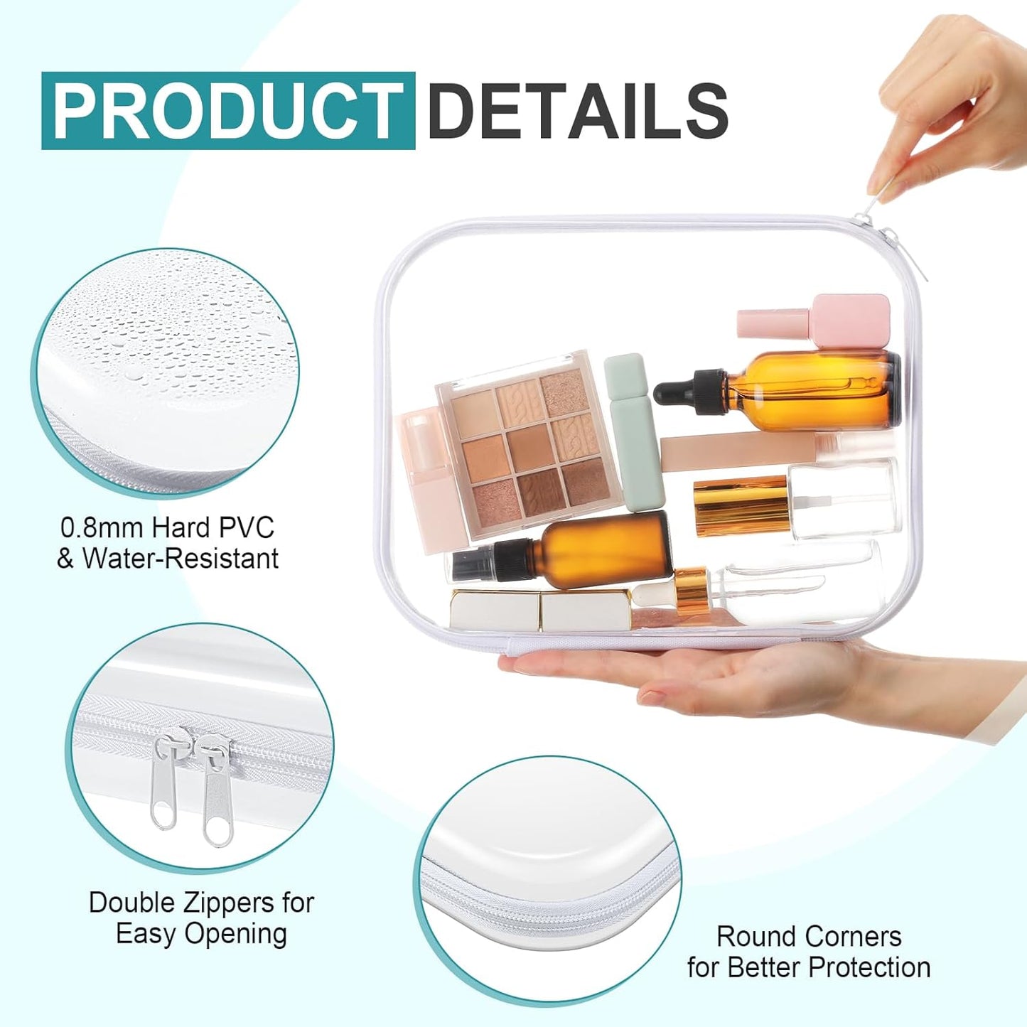 Hoolerry 4 Pcs Hard Clear Zipper Case Makeup Bags Plastic Pencil Pouch Transparent Storage Box Containers for Cosmetics, Snacks, Building Blocks, Puzzles(White,9.8 x 7.9 x 2 in)