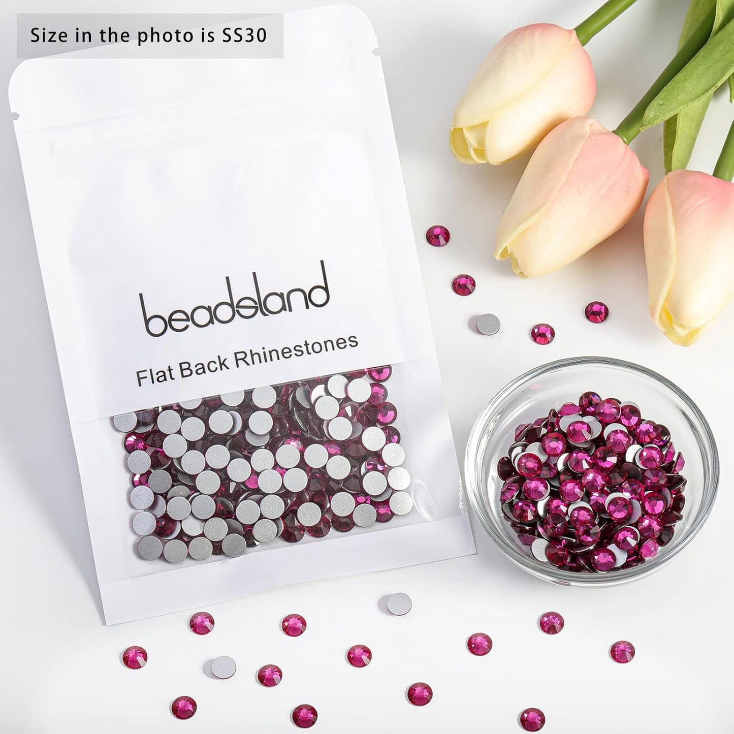 Beadsland 288pcs Flat Back Crystal Rhinestones Round Gems for Nail Art and Craft Glue Fix, Fuchsia,SS30,6.3-6.5mm
