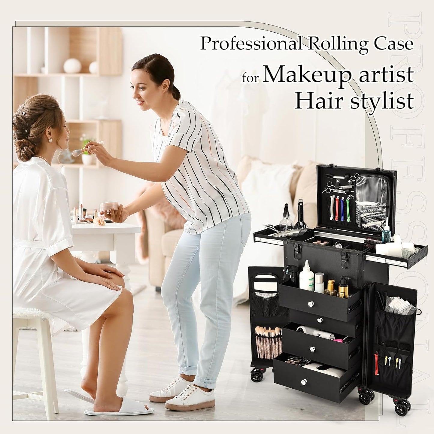 Joligrace Professional Rolling Makeup Case 4 Drawers Pro Makeup Artist Cosmetic Train Case Hairstylist Travel Case Portable Make Up Station with Multiple Compartments Extra Large - Black