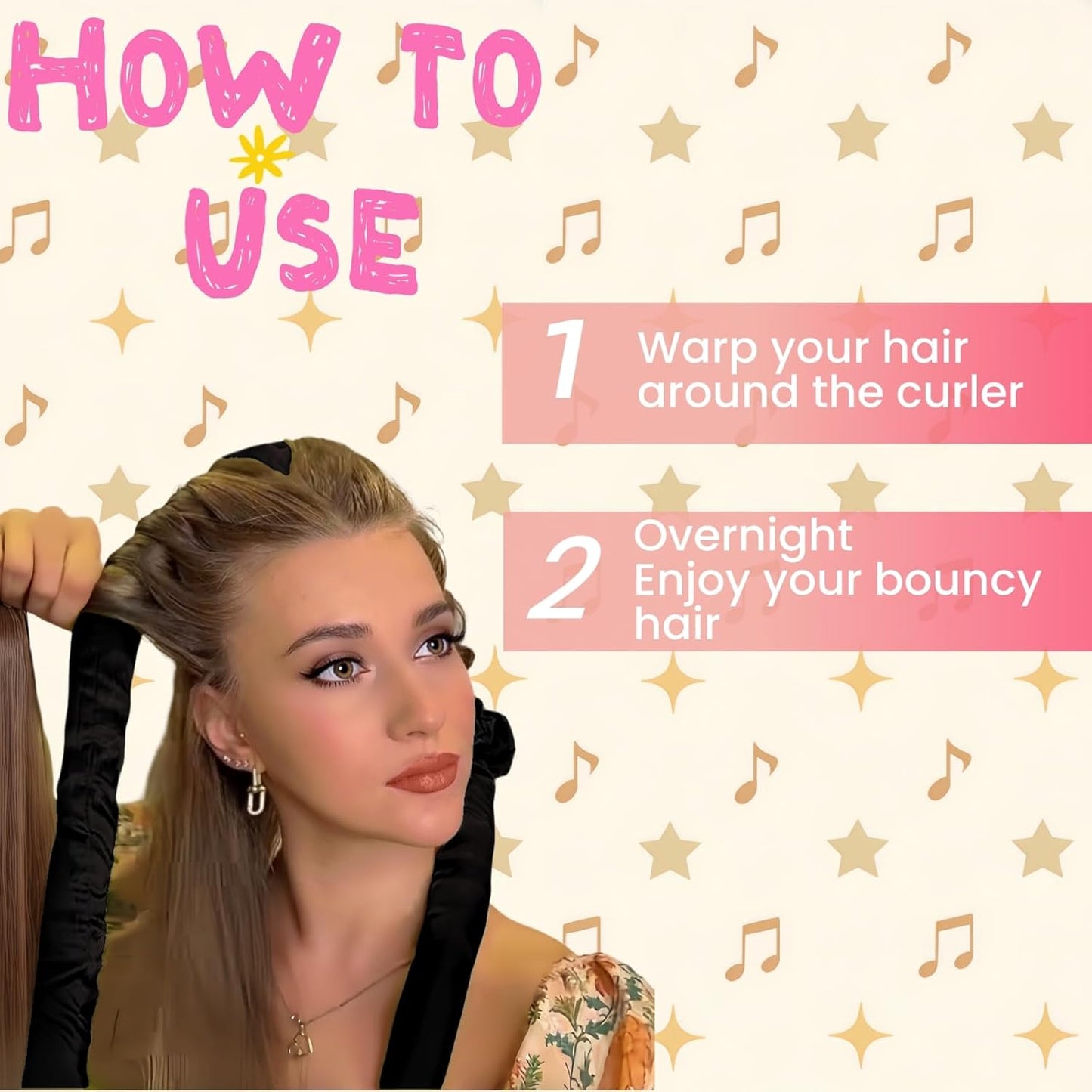 Serenade Textured Satin Heatless Curls Overnight, Heatless Hair Curler Curling Set for Women and Girls to Sleep in, with 2 Satin Scrunchies and 1 Clip for Overnight Curls, Black