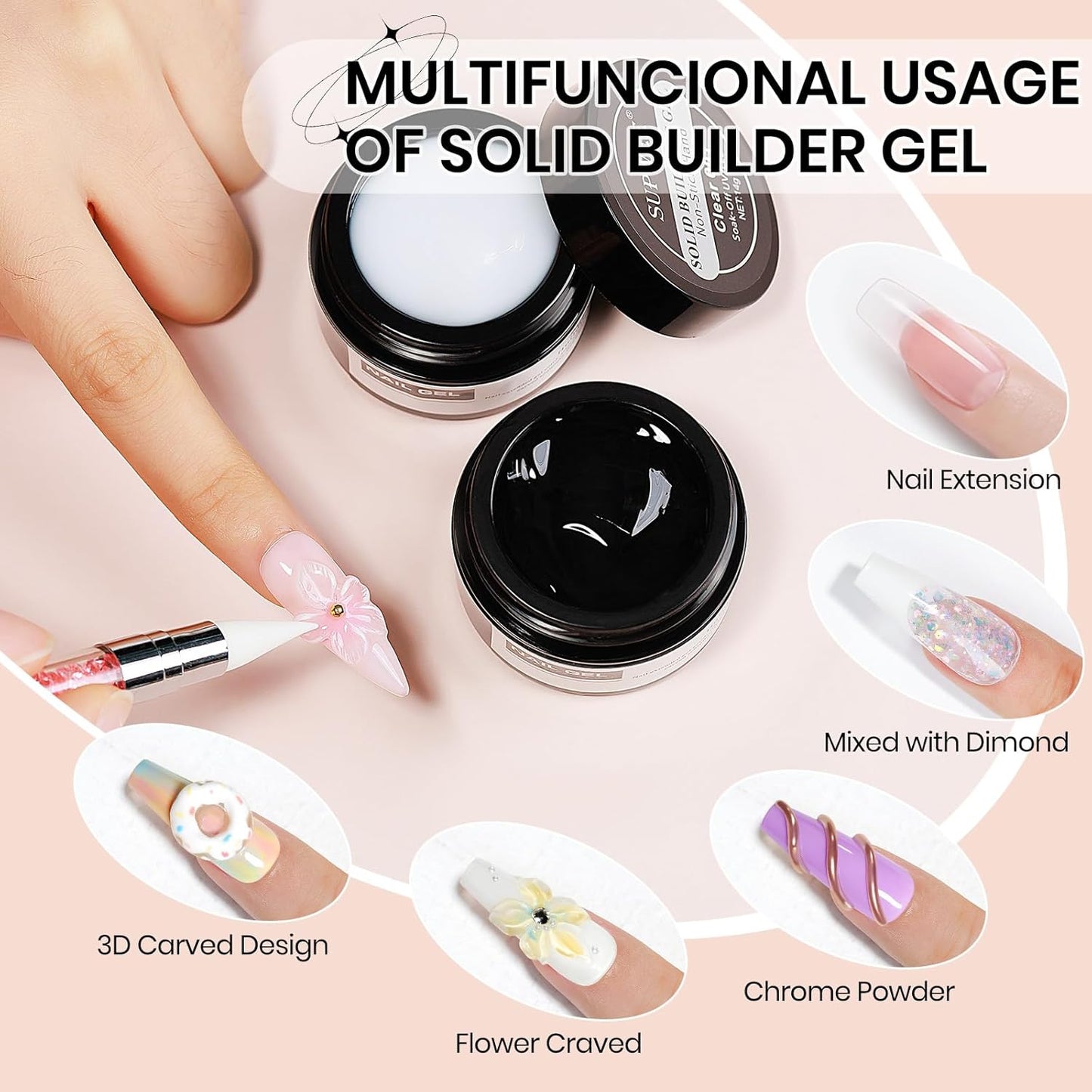 3d Nail Sculpting Gel Set: Clear White Solid Builder Gel for Nails, Nail Rhinestone Glue for 3d Nails Art Sculpture Molding Carving Extension All-in-1 Kit for Home DIY Manucure