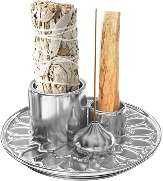 Palo Santo Holder - 4 in 1 Incense & Candle Holder - Ceramic Incense Holder Ash Catcher Tray for Meditation Room - Easy to Clean (Silver)