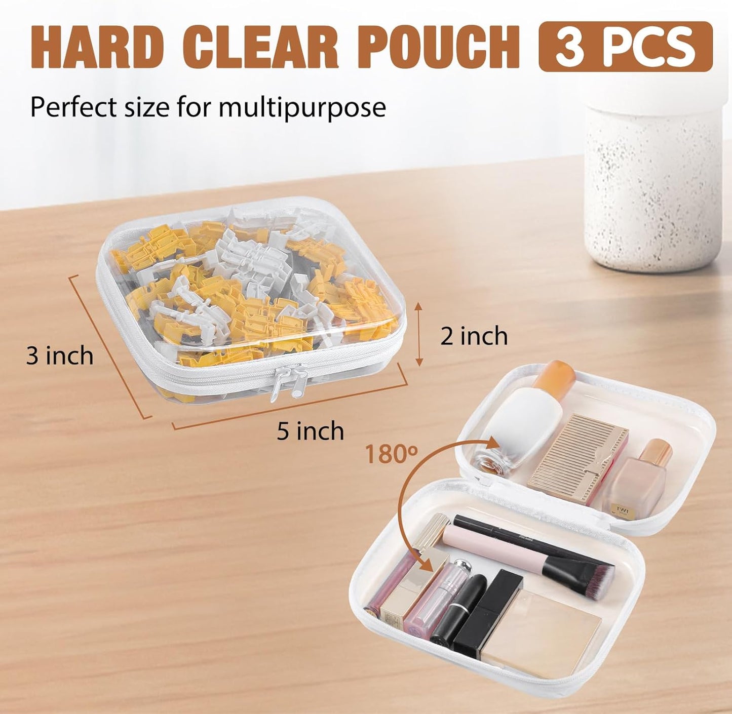 Clear Hard Shell Zipper Case 3 PCS Clear Cosmetic Make up Bag Waterproof Travel Toiletry Bag for Women, Hard Plastic Zipper Pouches Portable Travel Storage Organizer Bins (White, 5"x3"x2")