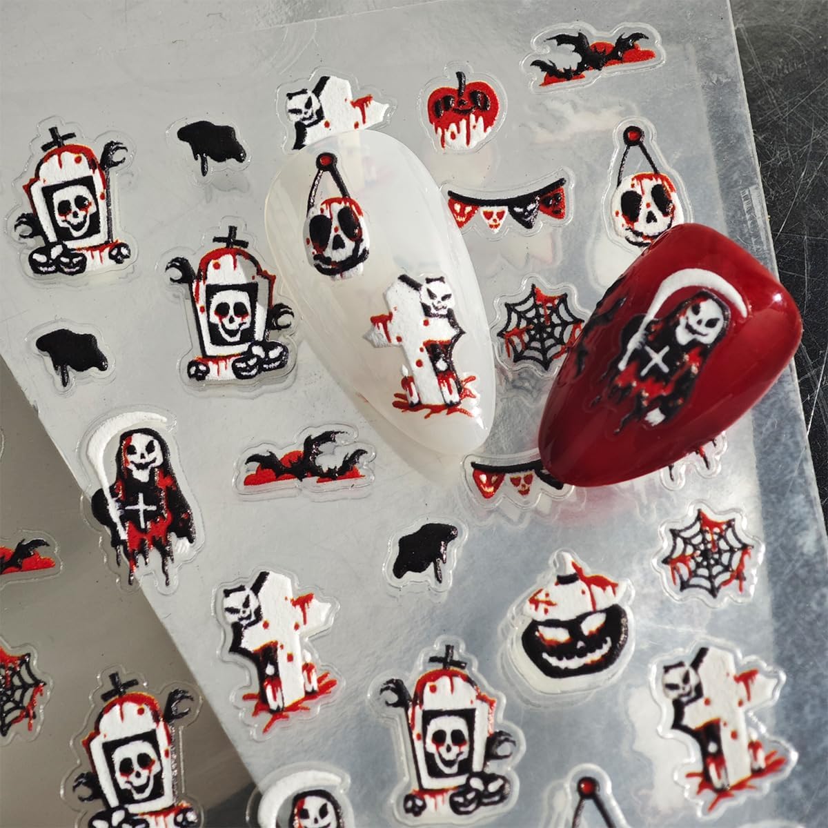 Halloween Nail Stickers Ghost Nail Art Decals with Black White Design 5D Self Adhesive Bat Nail Art Stickers Nails Charms Supply foe Women Girls Kid Horror Manicure Decoration