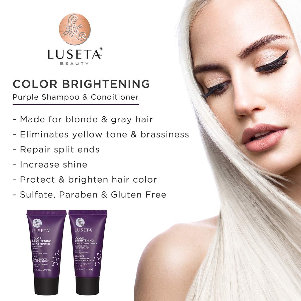 Luseta Color Brightening Purple Shampoo and Conditioner Travel Kit for Blonde and Gray Hair -Infused with Cocos Nucifera Oil to Help Nourish, Moisturize and Condition Hair, 2x1.01oz