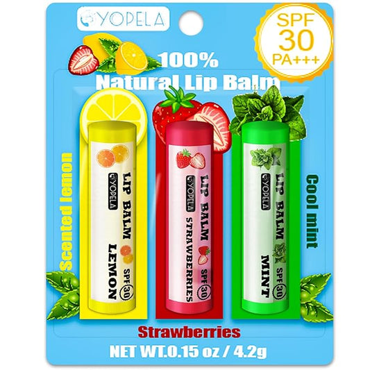 3 Pack SPF Lip Balm Bulk - SPF 30 SunGuard Lip Balm Sunscreen- Summer Protection for Lasting Hydration UV Defense Prevents and Soothes Dry, Chapped Lips-3 Delicious Flavors