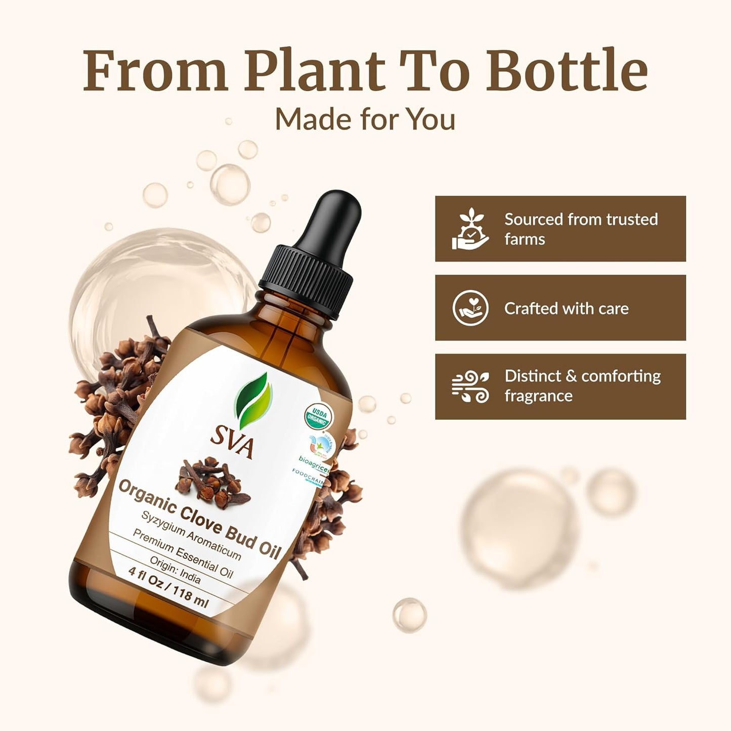 SVA Clove Essential Oil Organic – 4 Fl Oz – 100% Natural Organic Clove Oil - for Diffuser, Hair Care, Face, Skin Care, Aromatherapy, Scalp and Body Massage, Soap and Candle Making - with Dropper