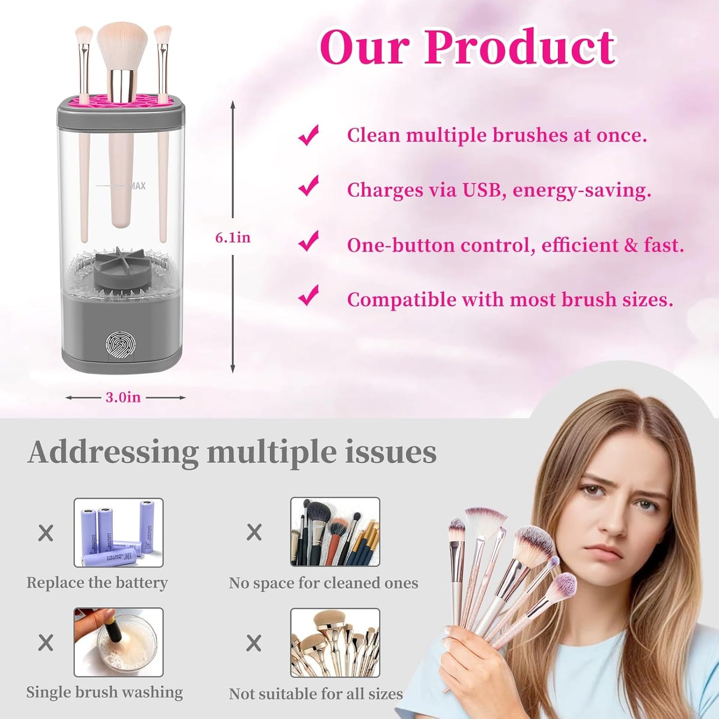 Electric Makeup Brush Cleaner Machine, Ultimate Efficient Automatic Cleaner for All Types of Makeup Brushes - Gray Pink