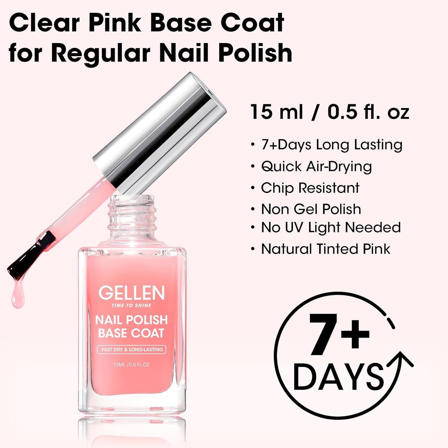 GELLEN Clear Nail Polish Base Coat Sheer Tinted Pink, Natural Color Regular Nail Polish, Calcium Formula Strengthens Nails, Enhances Natural Look, Quick Air Dry, Hema Free, Non-toxic, Anti-yellowing