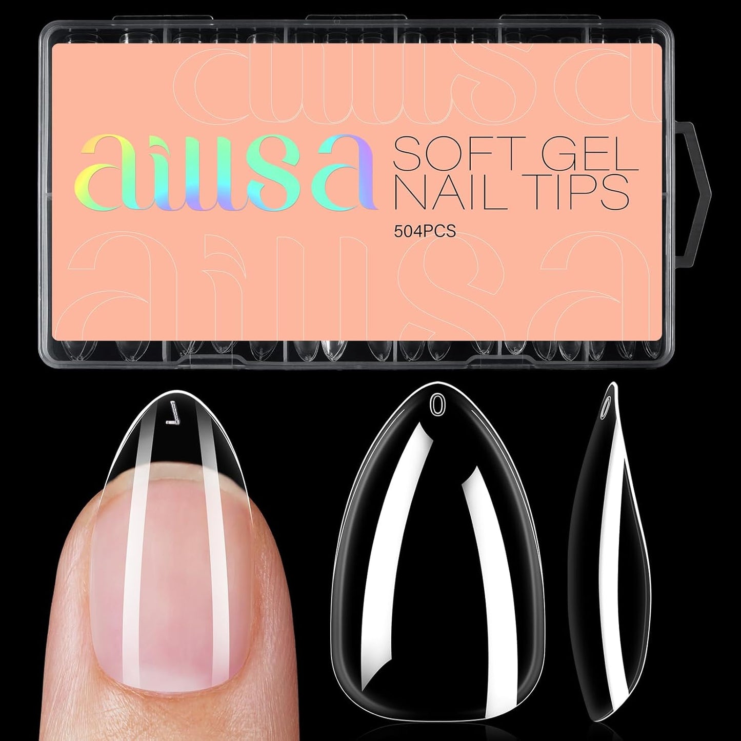 AILLSA Short Almond Nail Tips 504PCS Clear Full Cover Soft Nail Tips Gel Fake Nails Tips Preshaped Press on False Gelly Tips for Nail Extension DIY Home Salon Gift, 10 Sizes