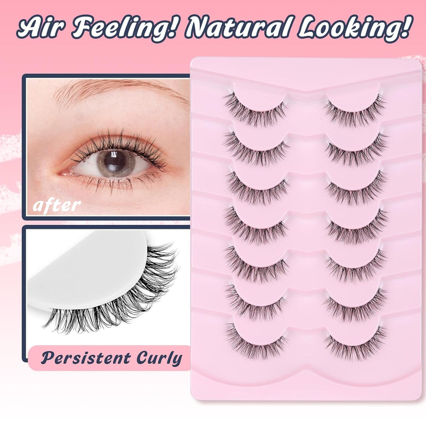 Natural Lashes False 11mm Short Eyelashes Wispy C Curl Eye Lashes Pack with Thin Cotton Band Fake Eyelash 3D Volume For Daily Siligli Lash 7 Pair