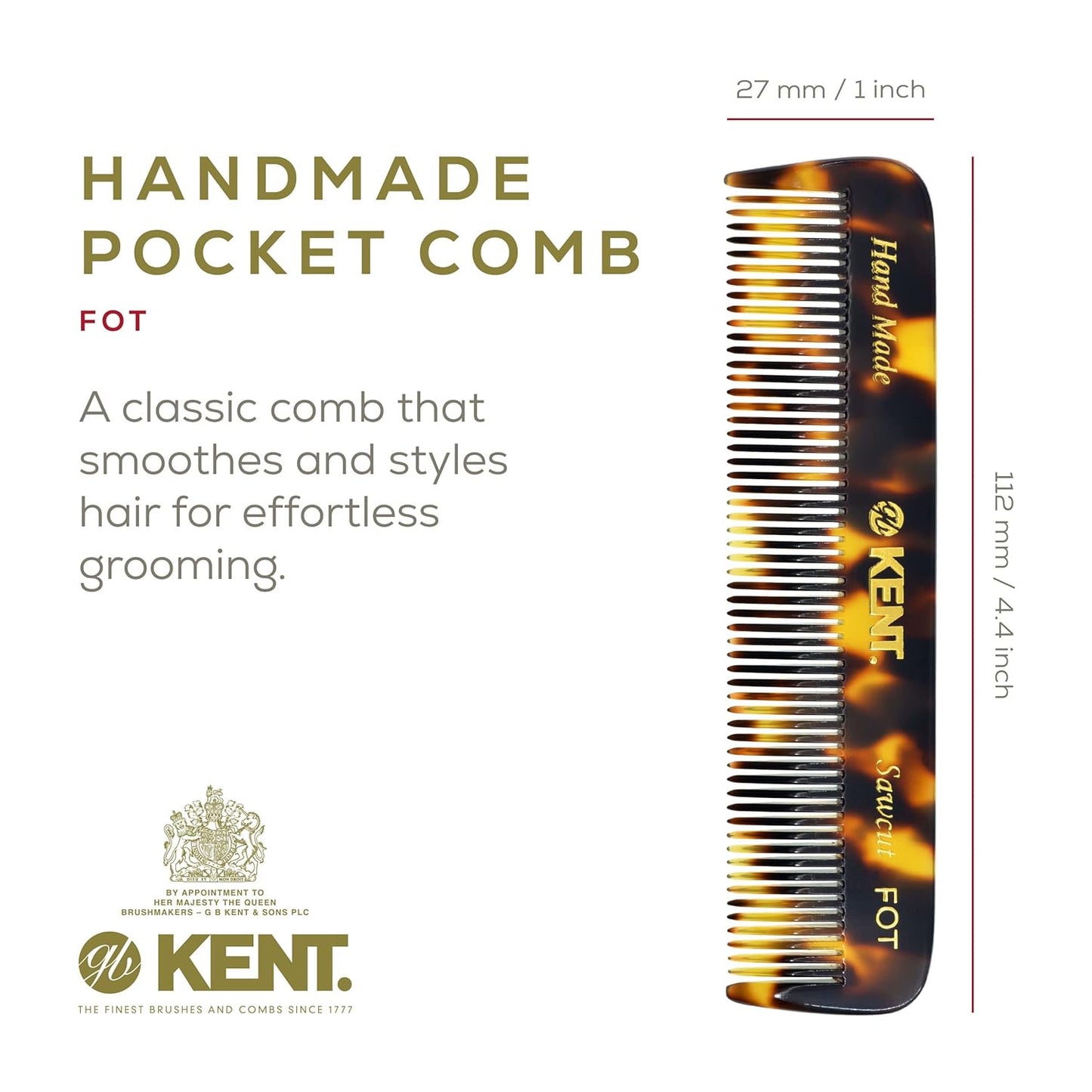 Kent FOT TY Fine Tooth Comb for Men - Handmade Pocket Comb for Travel, Styling, Fine or Thinning Hair, Mustache and Beard Care Handpolished Saw-Cut Made in England