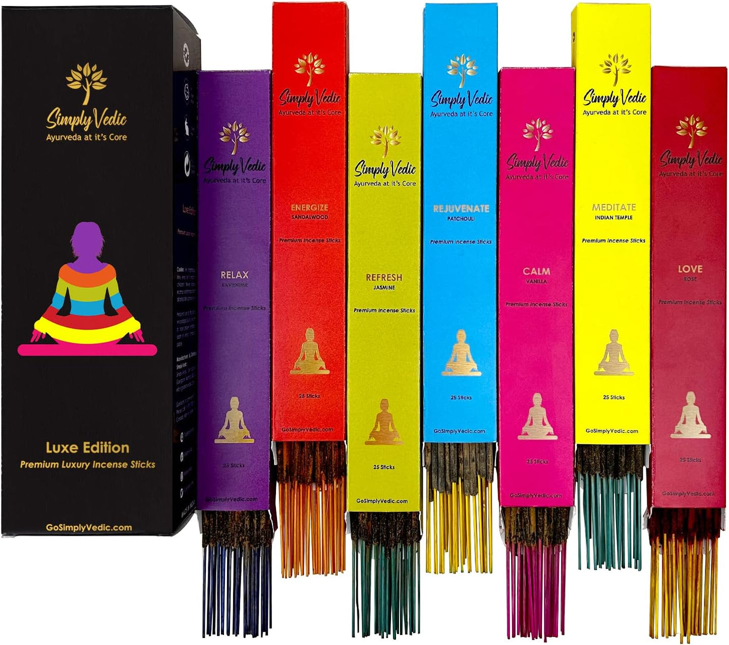 Luxe Incense Sticks Set – 175 Hand-Rolled Natural Incense with Holder | 7 Fragrances: Lavender, Sandalwood, Jasmine, Rose, Vanilla, Patchouli, Indian Temple | Aromatherapy, Meditation, Yoga, Gift