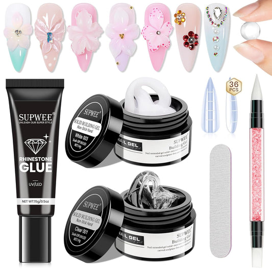3d Nail Sculpting Gel Set: Clear White Solid Builder Gel for Nails, Nail Rhinestone Glue for 3d Nails Art Sculpture Molding Carving Extension All-in-1 Kit for Home DIY Manucure