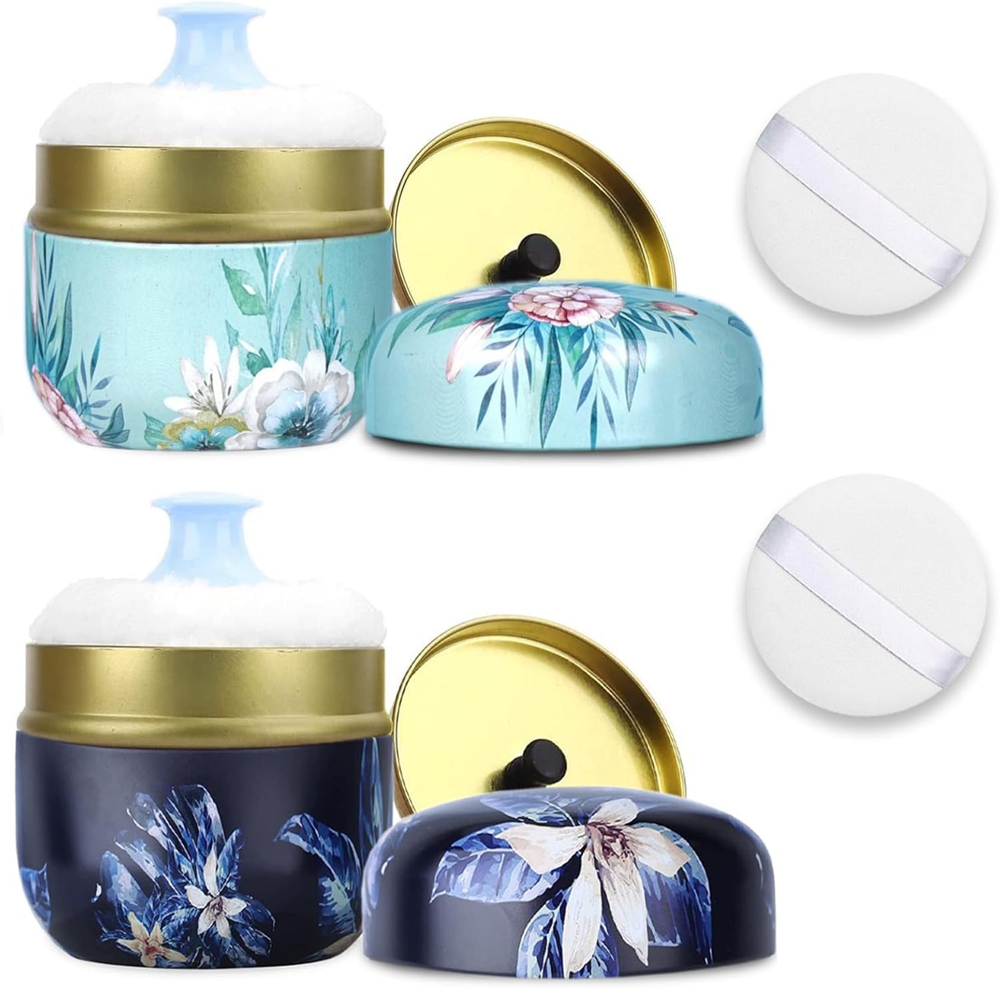 SHIMIDO Body Powder Puff and Container, 3.15" Portable Empty Body Powder Container for Baby Women's Loose Dusting Powder, Powder Case Box with Lids for Bath, Travel and Home Use (Dark&Big Flower)