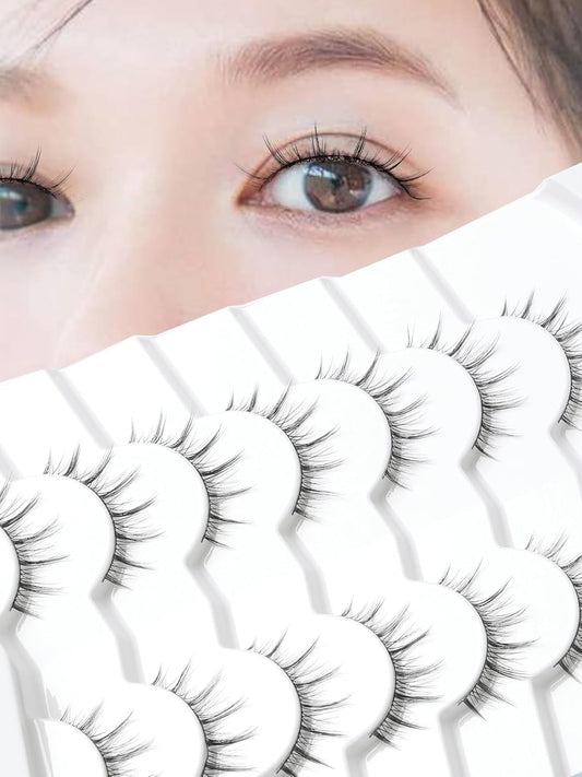 Manga Lashes Natural False Eyelashes 10MM Short Anime Lashes Thin Band Korean Lashes 3D Volume Strip Lashes Wispy Manhua Eyelashes 7 Pair Asian Lashes Siligli