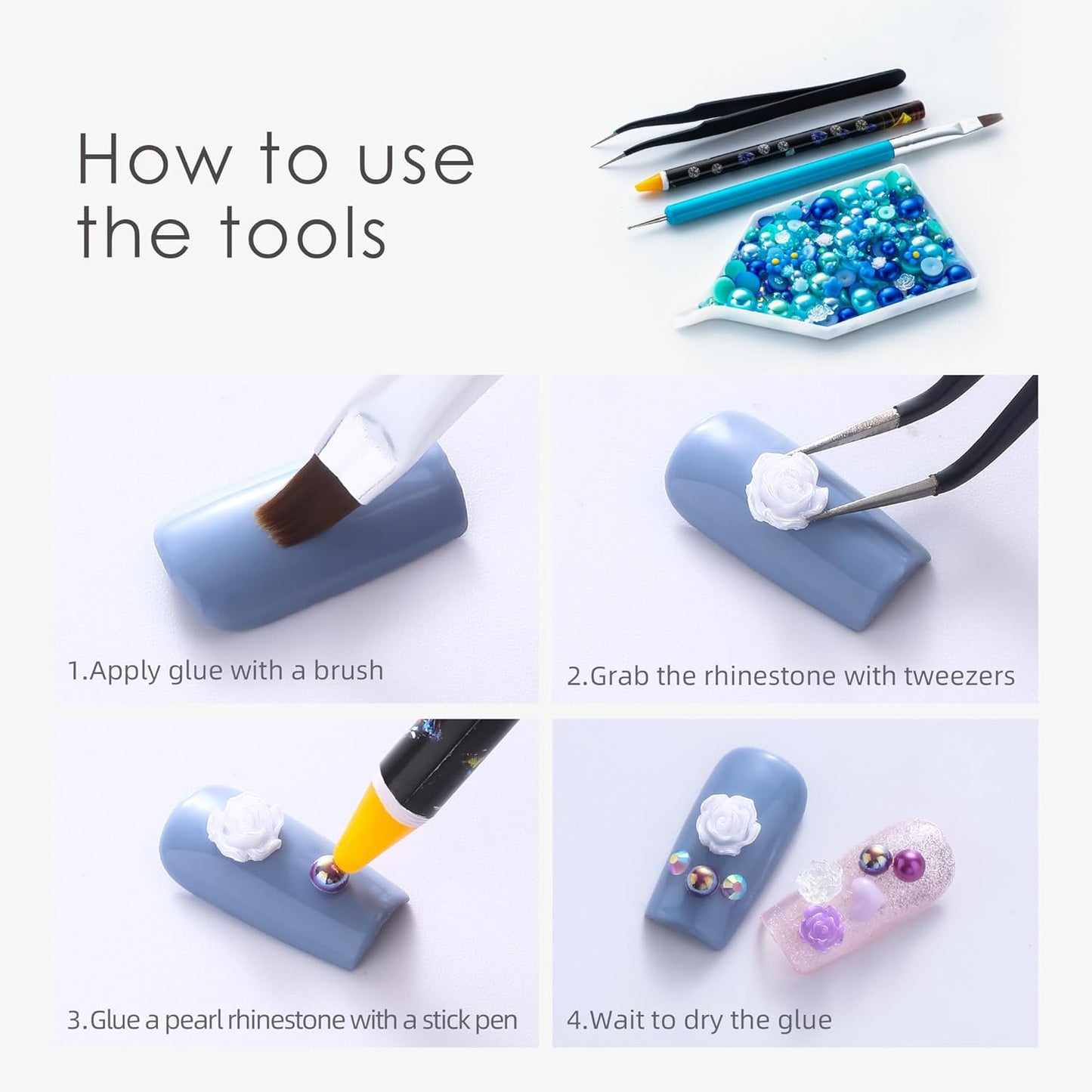 160g Cyan Blue Flat Back Pearls Rhinestones for Crafts Mixed Size 3mm-10mm AB Color Round Half Pearls Flatback Pearl Beads and Resin Rhinestones Set for Face Art