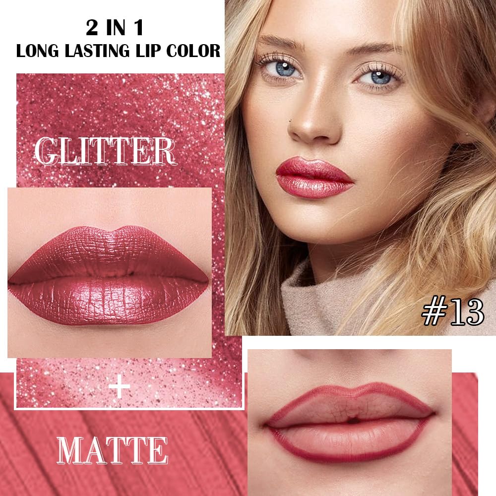 Kaely 2-in-1 Mauve Red Metallic Lipstick and Lip Liner, Shimmer Liquid Metallic Lipsticks for Women, Glitter Lip Gloss Stain Long Lasting Waterproof Smudge Proof 24 Hour, Vegan Makeup, 13