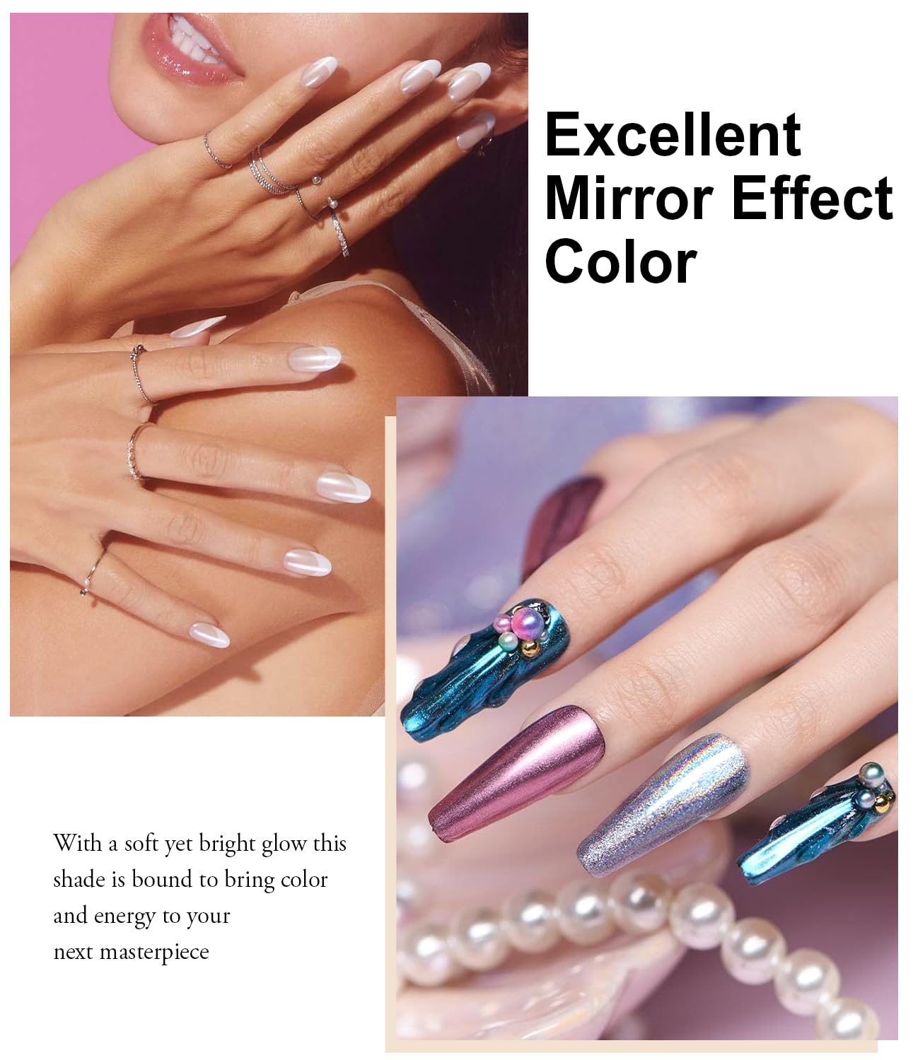 Chrome Nail Powder Set - Metallic Mirror Effect Holographic White Pearl Chrome Nail Powder for Gel Nails DIY Manicure Nail Art Decoration Gift for Women