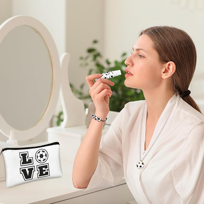 72 Pcs Sports Team Gifts Include 12 Makeup Bags 12 Lip Balm 12 Lip Balm Holder 12 Necklace 12 Adjustable Bracelet 12 Mirrors for Sports Lovers Players Party Favors (Black, Soccer)