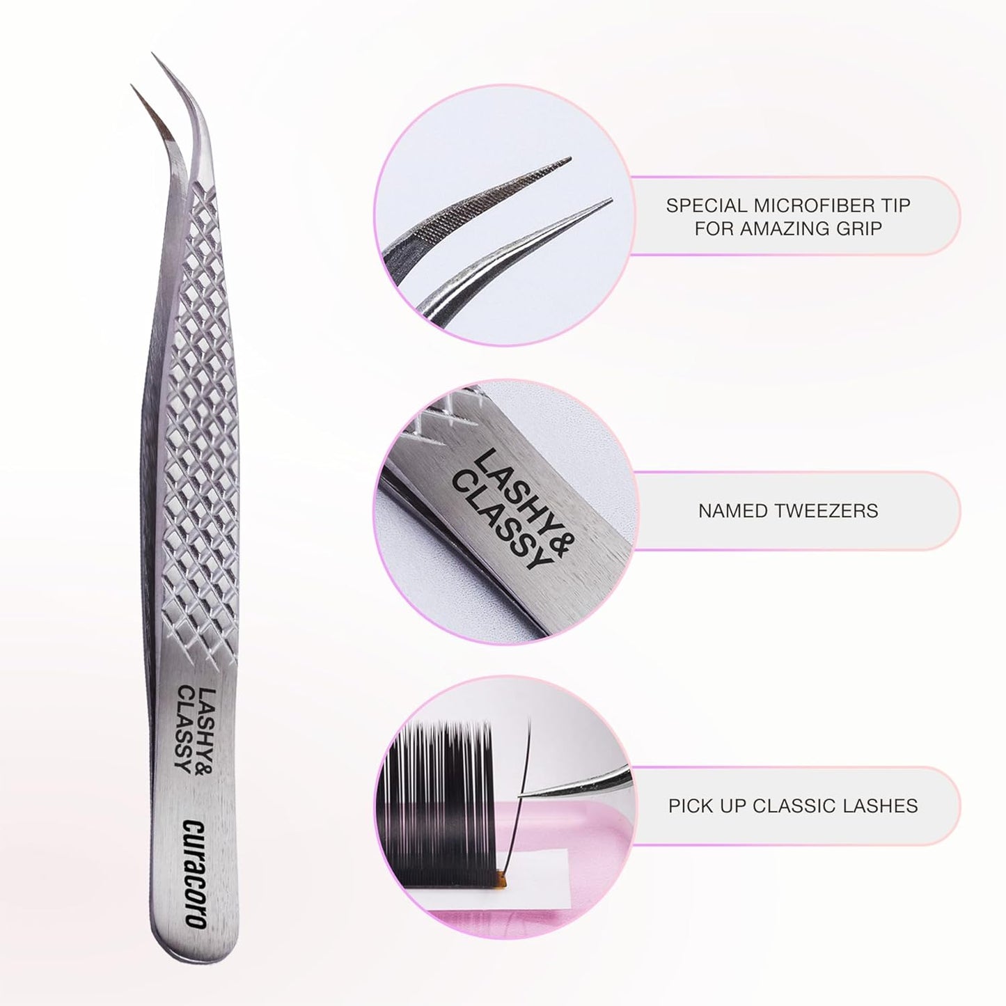 Curacoro Lash Tweezer - Professional & Precision Fiber Tip Grip Lash Tweezers for Eyelash Extensions, Multi Shapes & Purposes Tweezers for Volume, Isolation & Classic Lashes (Silver, Lashy and Classy)