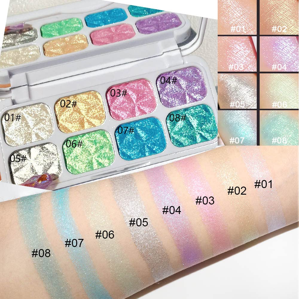 8 Color Face Cheek Highlighter Makeup Palette Shimmer Glitter Iridescent Multichrome Holographic Eyeshadow Palette Purple Rainbow Glitter Highlighter Makeup Highlight and Contour Chrome Eye Make up